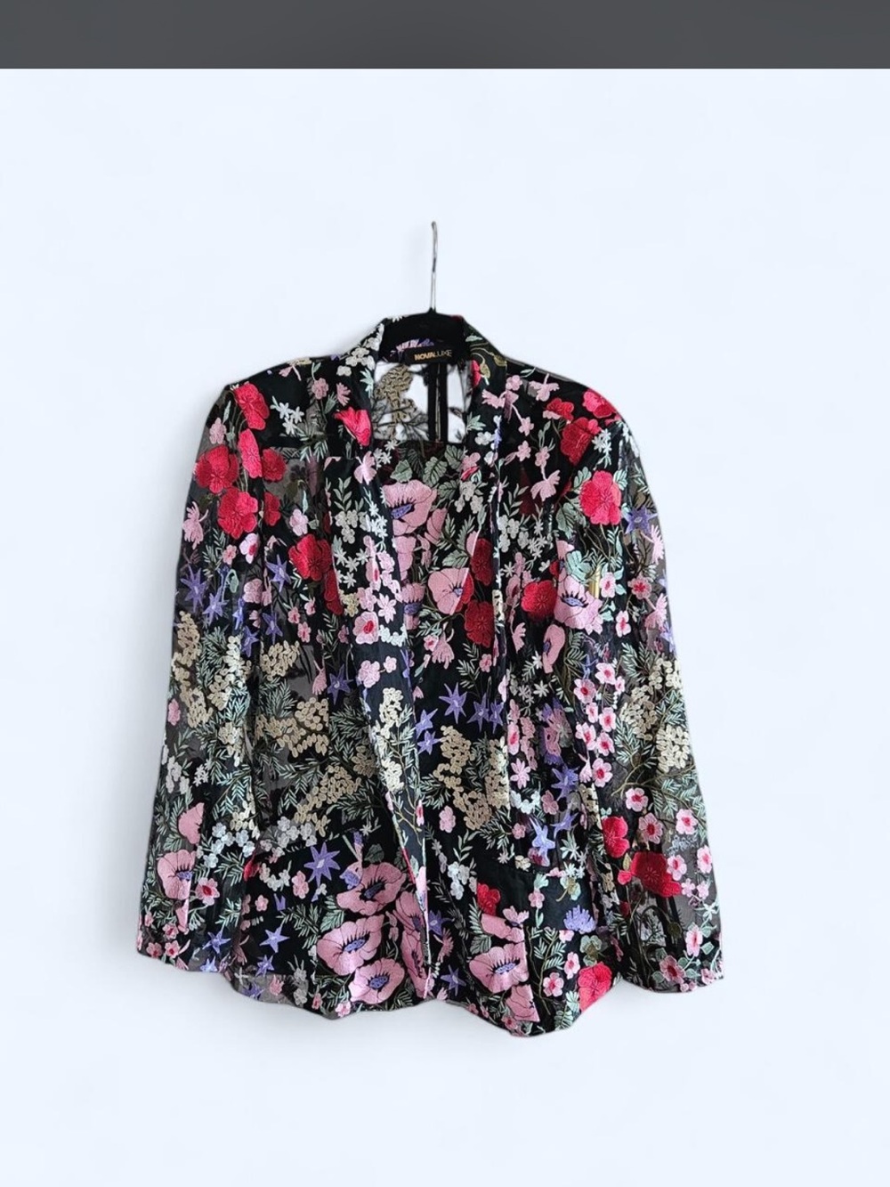 Floral Print Velvet Kimono Top - Black with Pink & Red Flowers